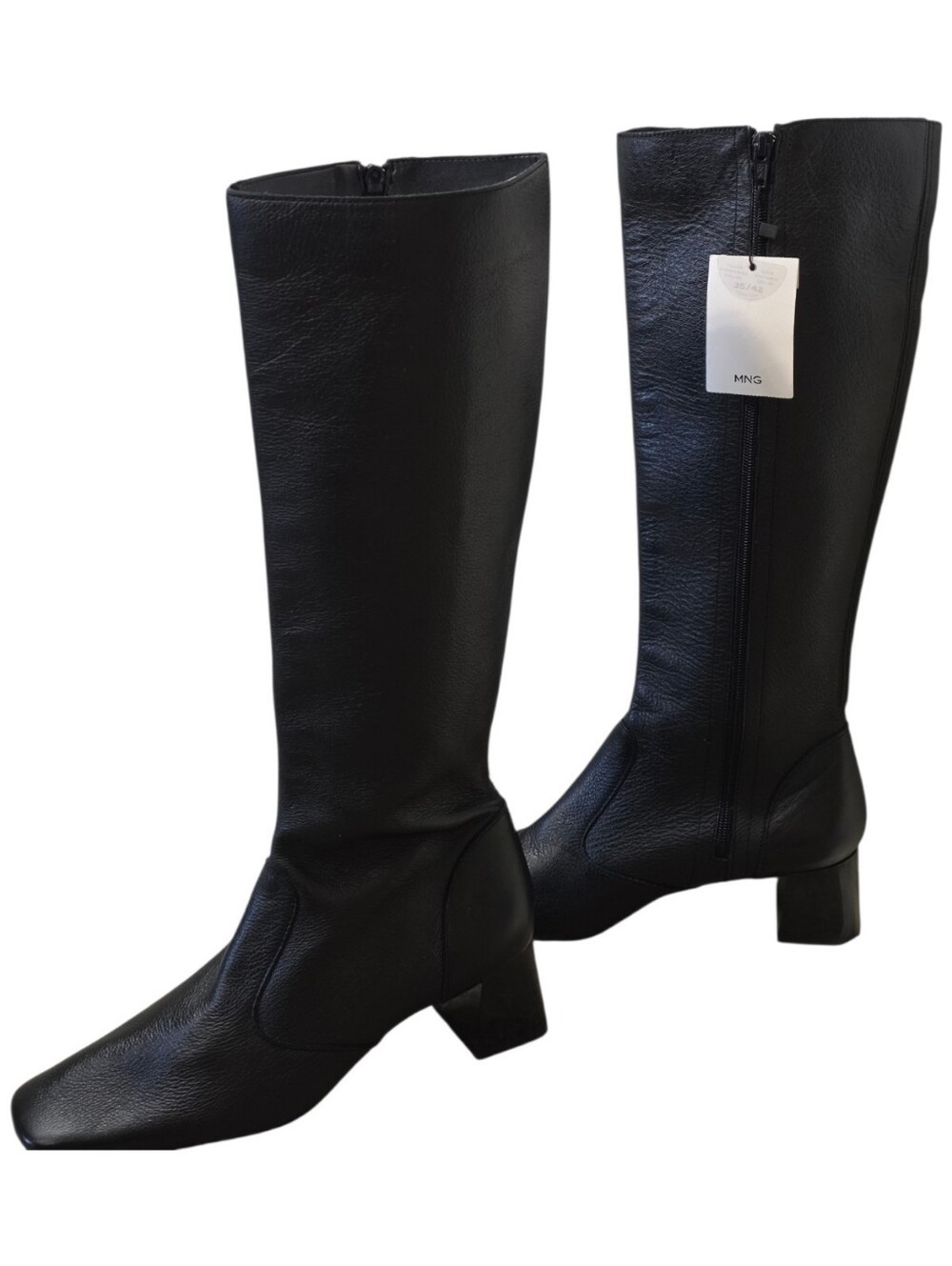 MNG Mango Black Genuine Leather Tall Square Toe Boots EU 38 NWT